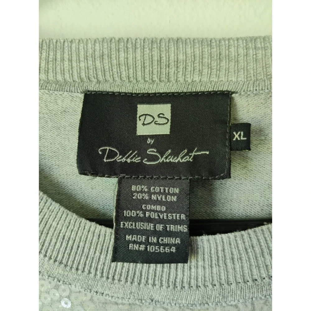 Debbie Shuchat Women's Sweater Gray‎ Sequined Crew Neck Pullover Artsy Size XL